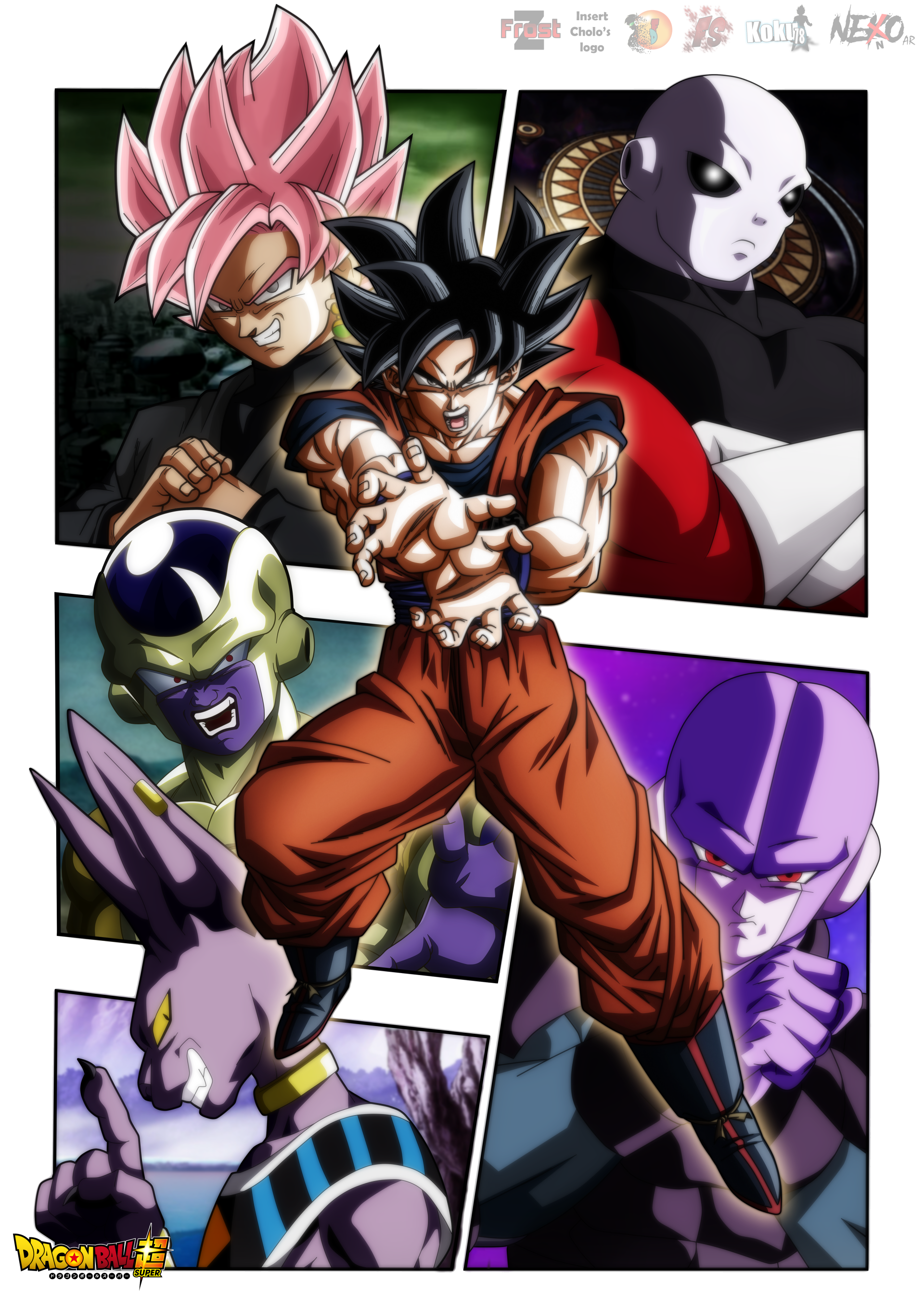 Anime illustration featuring Goku in the center with Black Goku, Frieza, Jiren, Hit, and Beerus from Dragon Ball Super surrounding him.