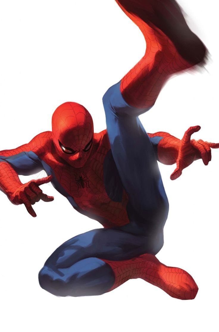 Comic Spider-Man (Peter Parker) in red-and-blue suit, leaping toward the viewer with one leg raised and hands poised to shoot webs.
