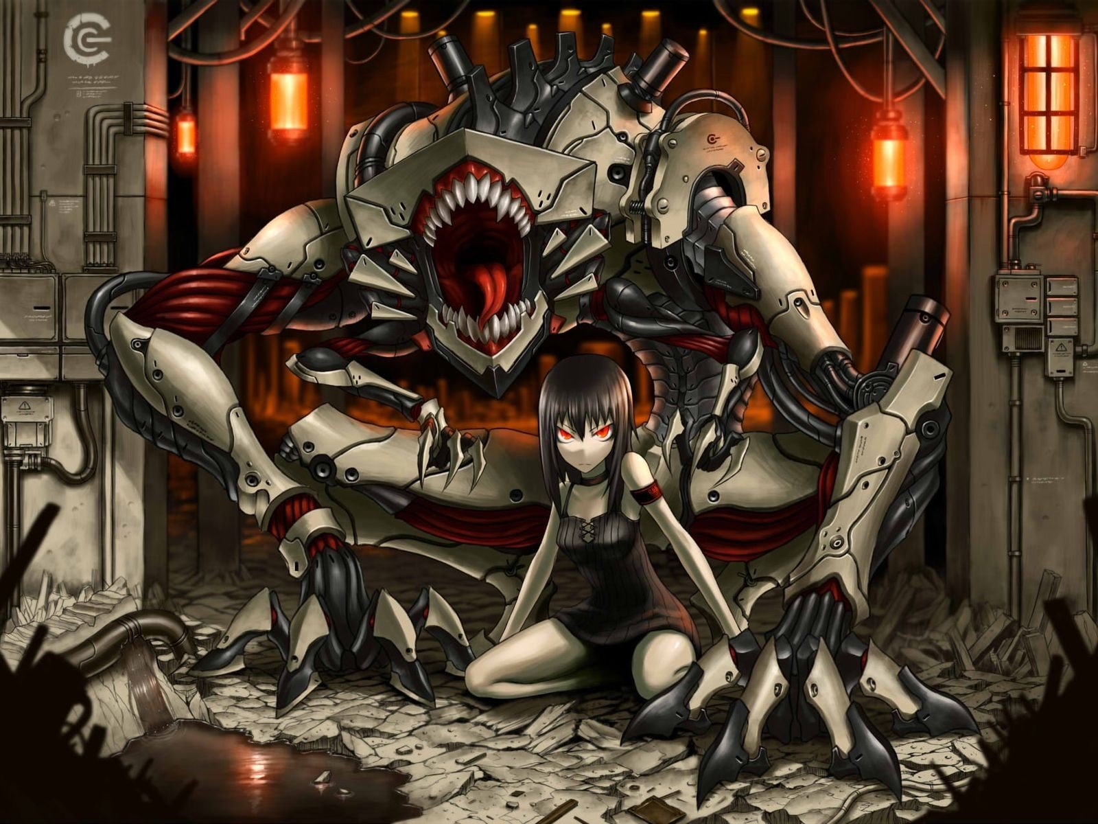 Anime scene of a pale girl with red eyes crouching before a hulking mech with a gaping, tooth-lined maw inside a dim, orange-lit industrial workshop.