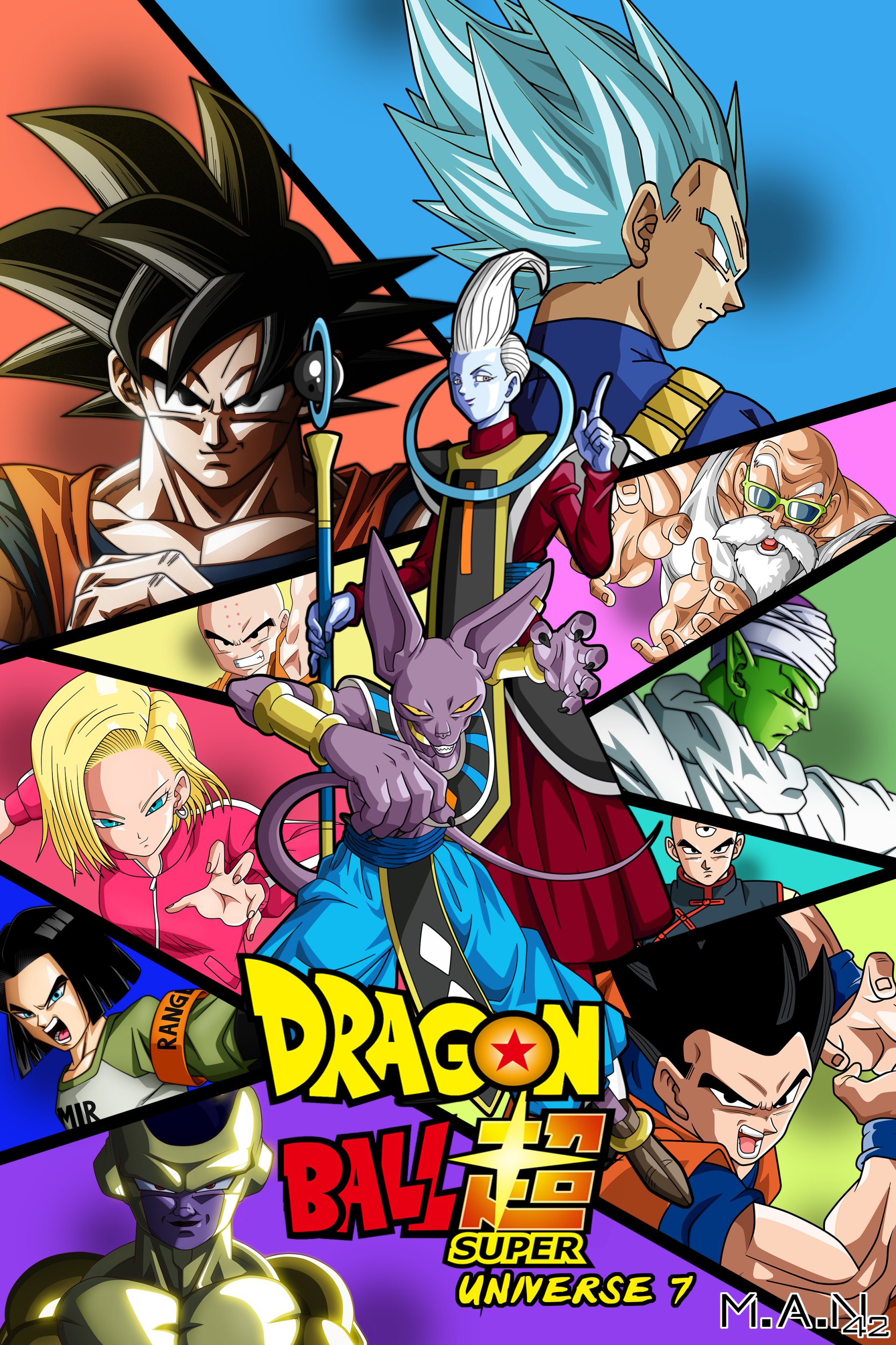 Group image of Dragon Ball Super Universe 7 characters including Goku, Vegeta, Whis, Beerus, Frieza, Android 17, Android 18, Krillin, Tien Shinhan, Master Roshi, Piccolo, and Gohan.