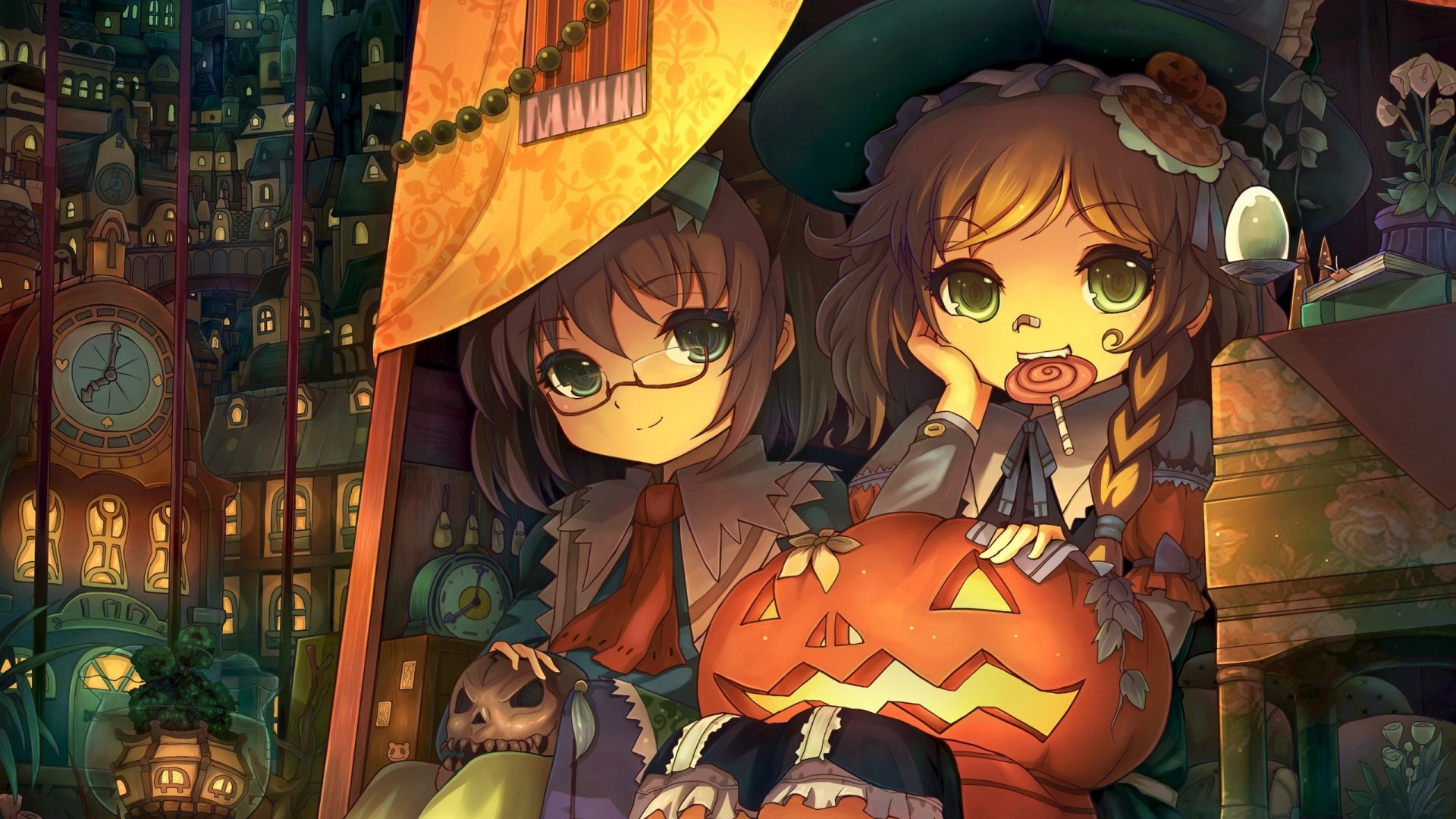 Two anime characters dressed in Halloween costumes, one holding a carved pumpkin, surrounded by spooky decorations in a warmly lit, festive setting.
