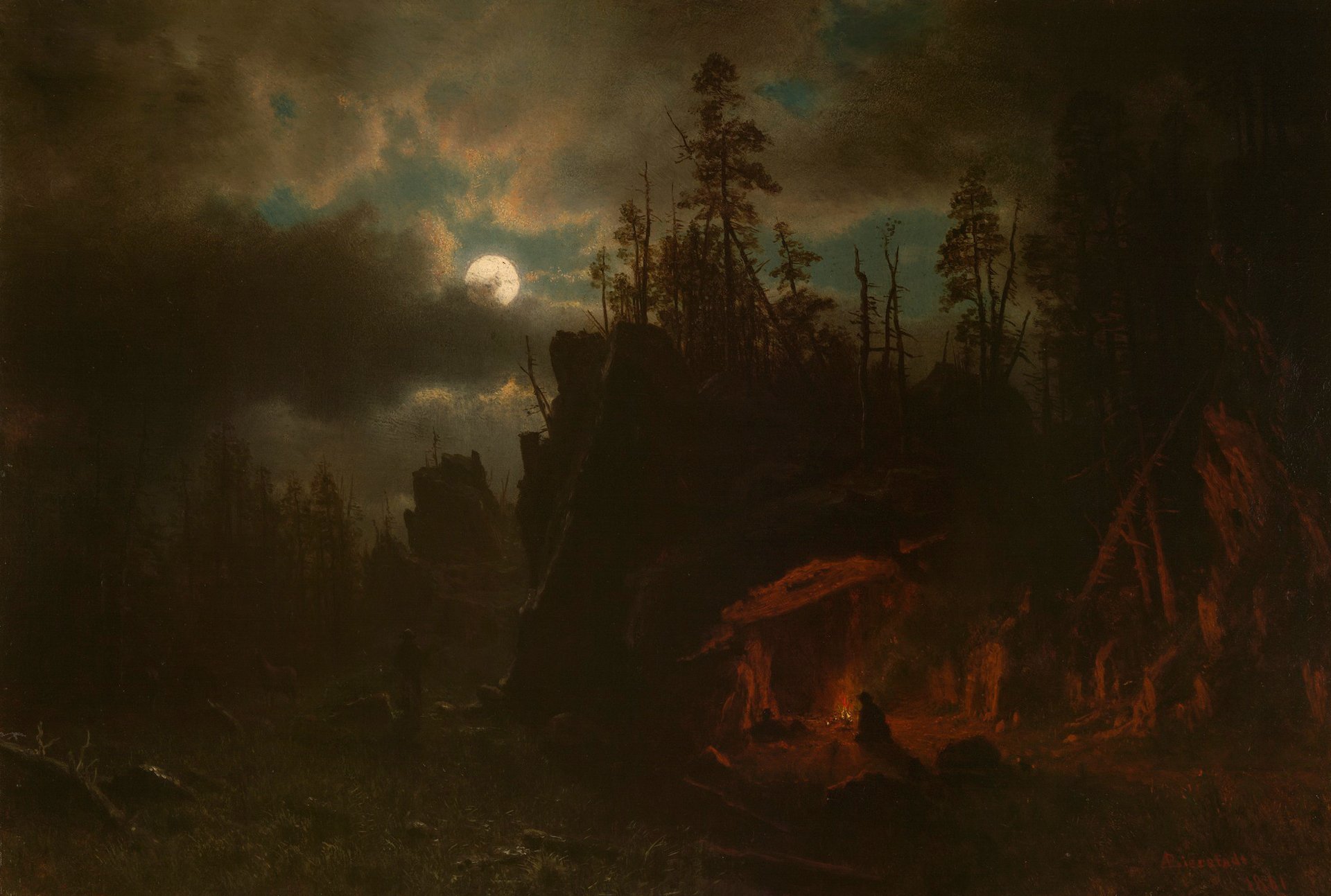 Artistic painting: silhouettes of trees and rocky cliffs under a clouded moonlit night, a warm glow from a cave fire below.