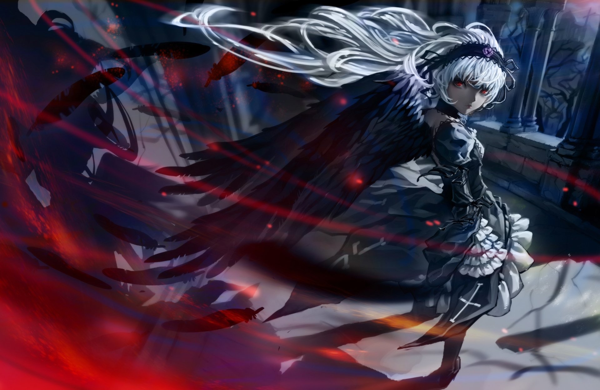 Suigintou from Rozen Maiden anime stands in a dark, dramatic scene with flowing black wings and silver hair, surrounded by swirling red and black shadows.