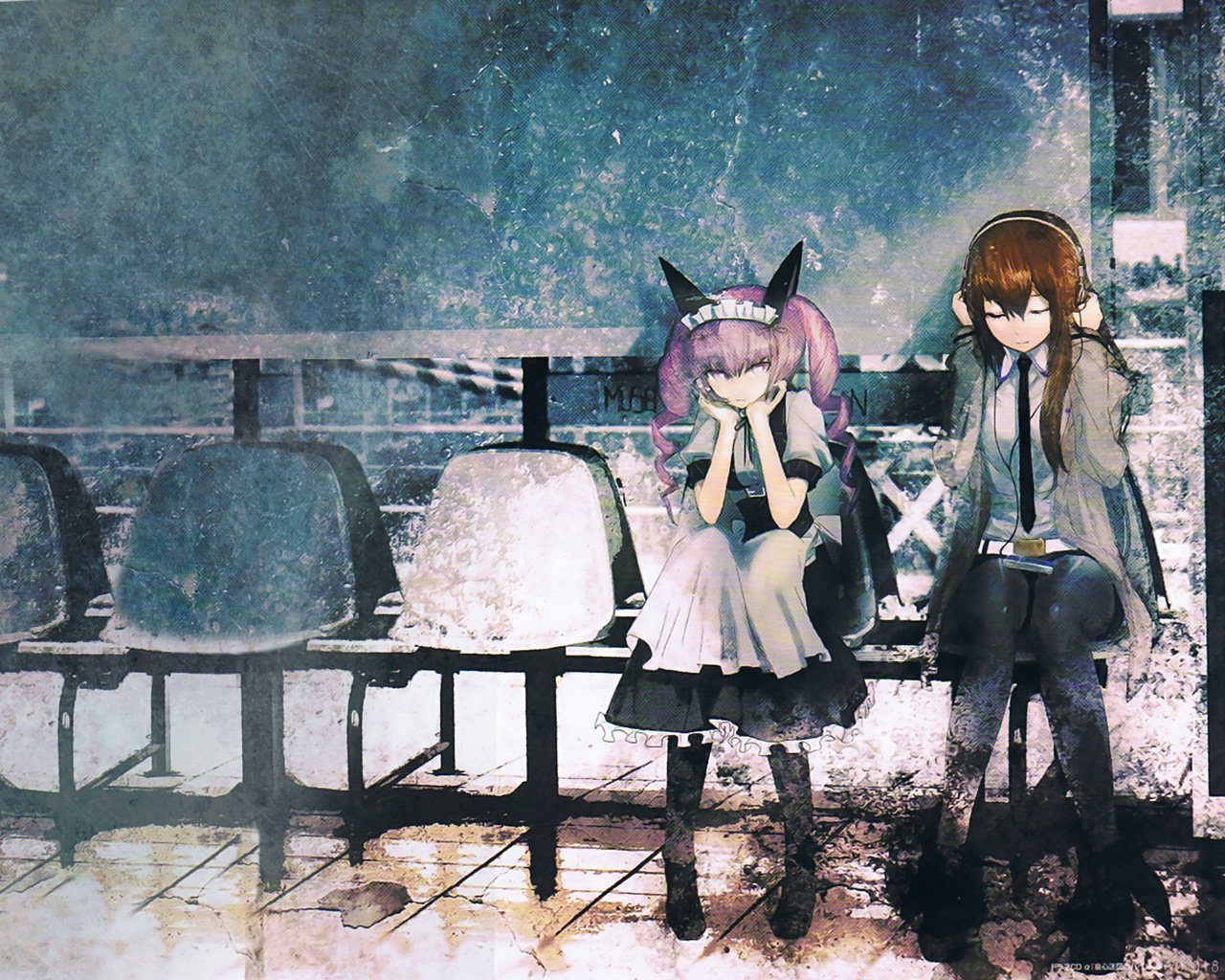 Kurisu Makise and Faris Nyannyan from Steins;Gate sit side by side on a bench, with Faris wearing animal ears, set against a textured, atmospheric background.