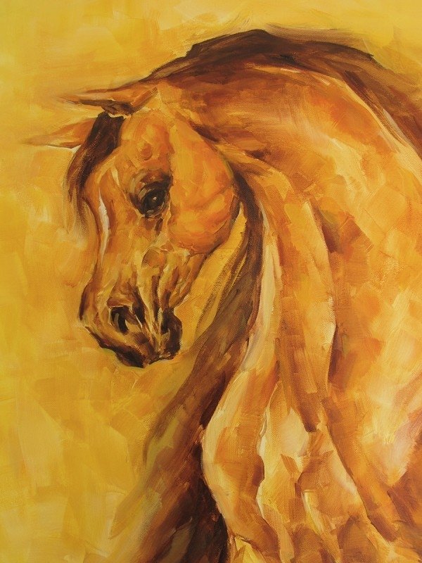 Painting of a horse in warm brown and golden tones, capturing the animal’s muscular form and gentle expression against a vibrant yellow background.