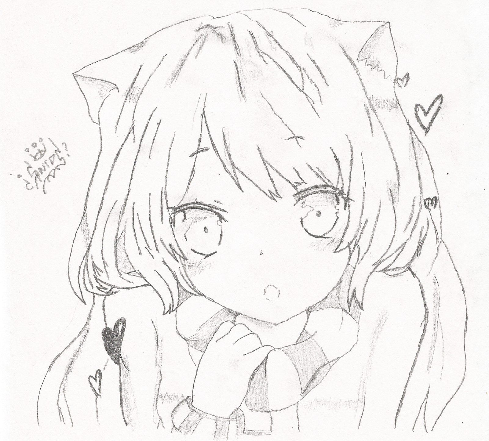 Pencil sketch of Kasane Teto (anime/Vocaloid) with cat ears, long hair, a scarf, clasped hands and small hearts around her.