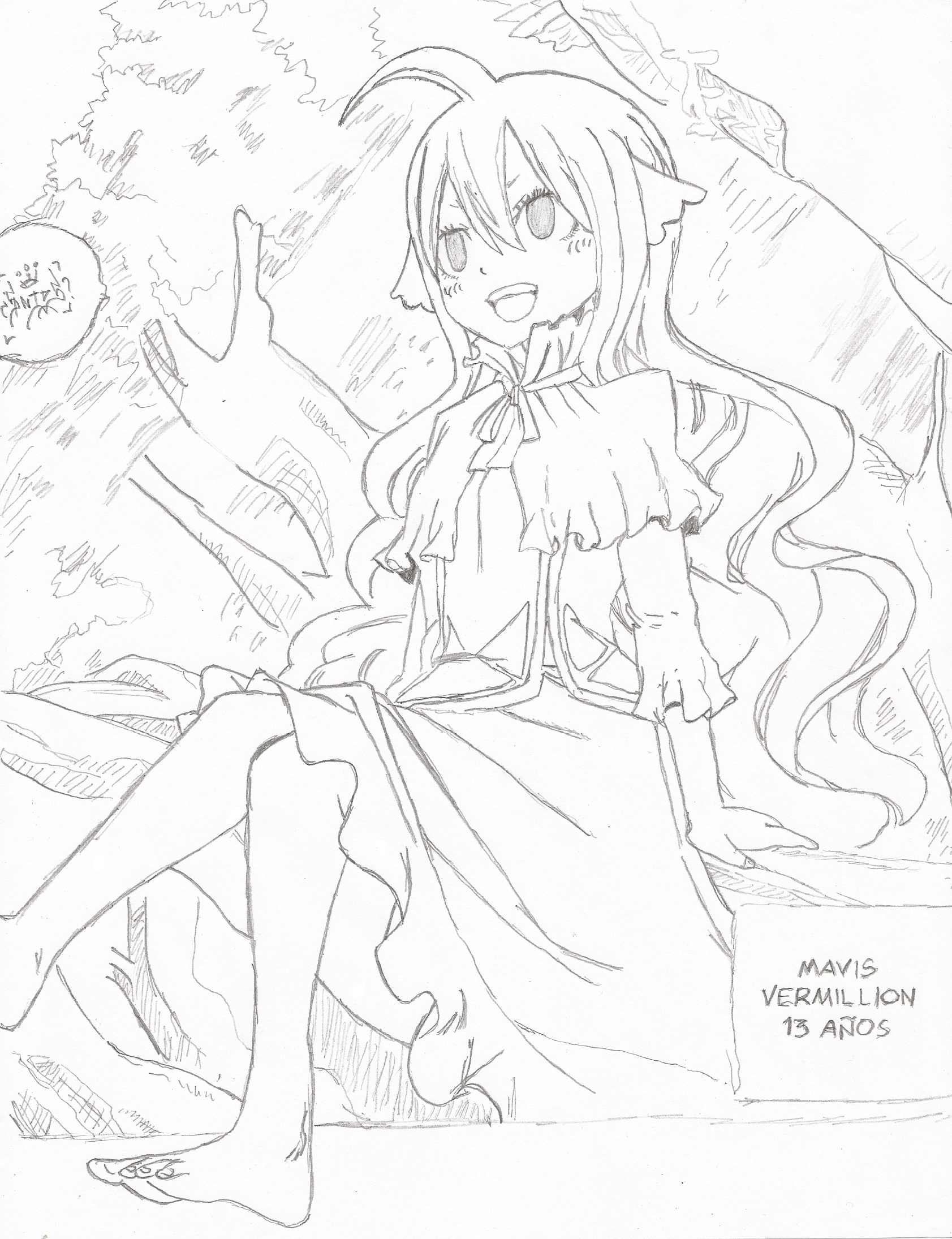 Line art of Mavis Vermilion from the anime Fairy Tail, depicted sitting with a cheerful expression in a flowing dress amidst a natural background.