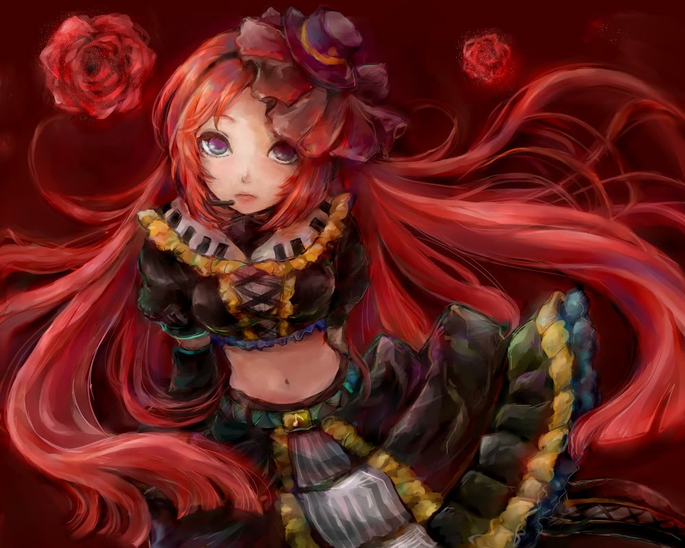 Anime-style illustration of Utau with flowing red hair, wearing an ornate black and gold outfit, surrounded by red roses on a dark red background.