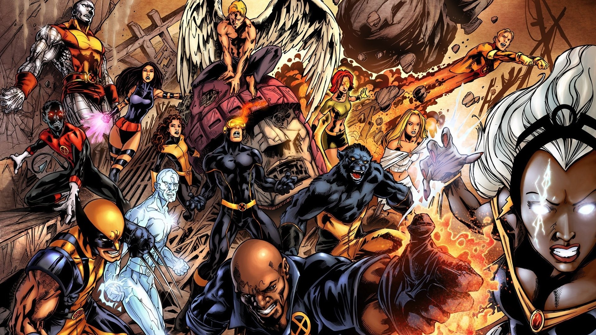 A dynamic comic scene featuring X-Men characters including Bishop, Rachel Summers, Iceman, Angel, Emma Frost, Kitty Pryde, Beast, Colossus, Cyclops, Storm, Nightcrawler, and Wolverine.