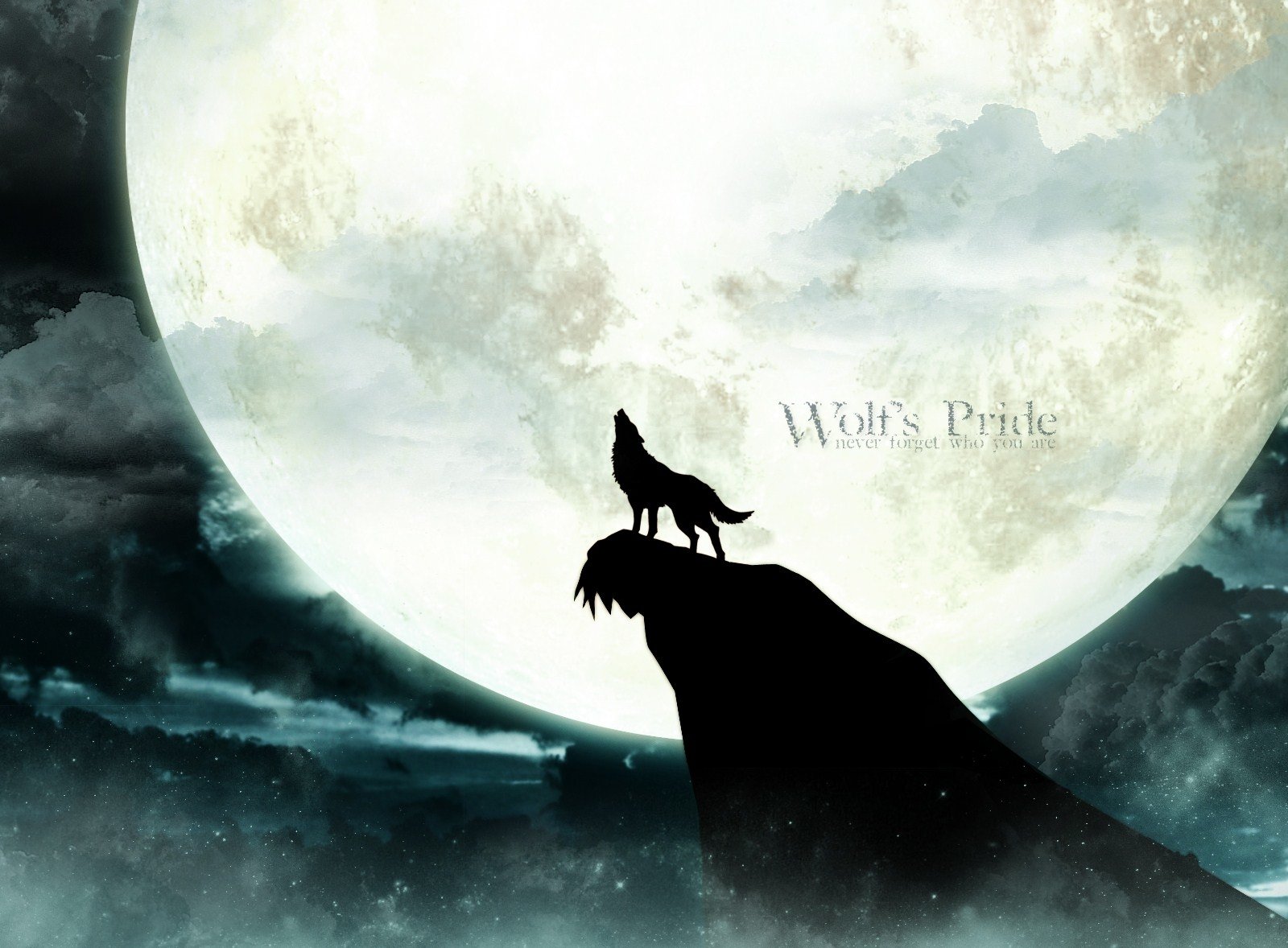 A silhouette of a wolf howling atop a cliff with a large full moon in the background, inspired by the anime Wolf's Rain.