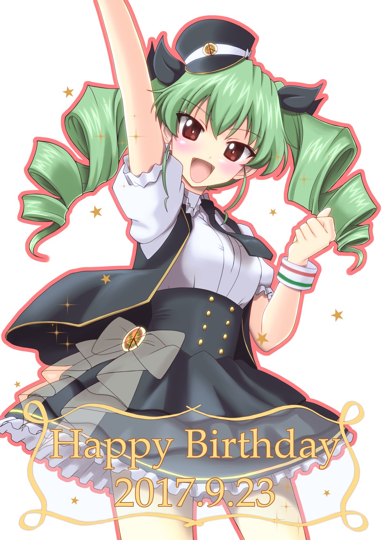 Anime illustration of Anchovy from Girls und Panzer cheering with a raised arm, wearing a black and white outfit with twin green pigtails and a celebratory Happy Birthday message.