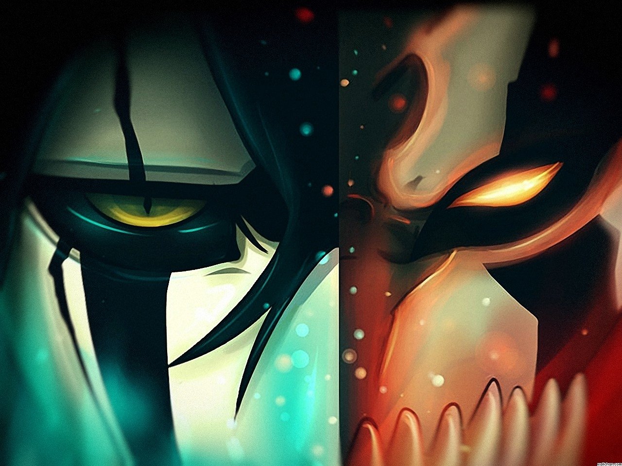 Bleach split portrait: Ulquiorra Cifer's pale, green-eyed face opposite Ichigo Kurosaki's glowing hollow mask with a single orange eye and jagged teeth.