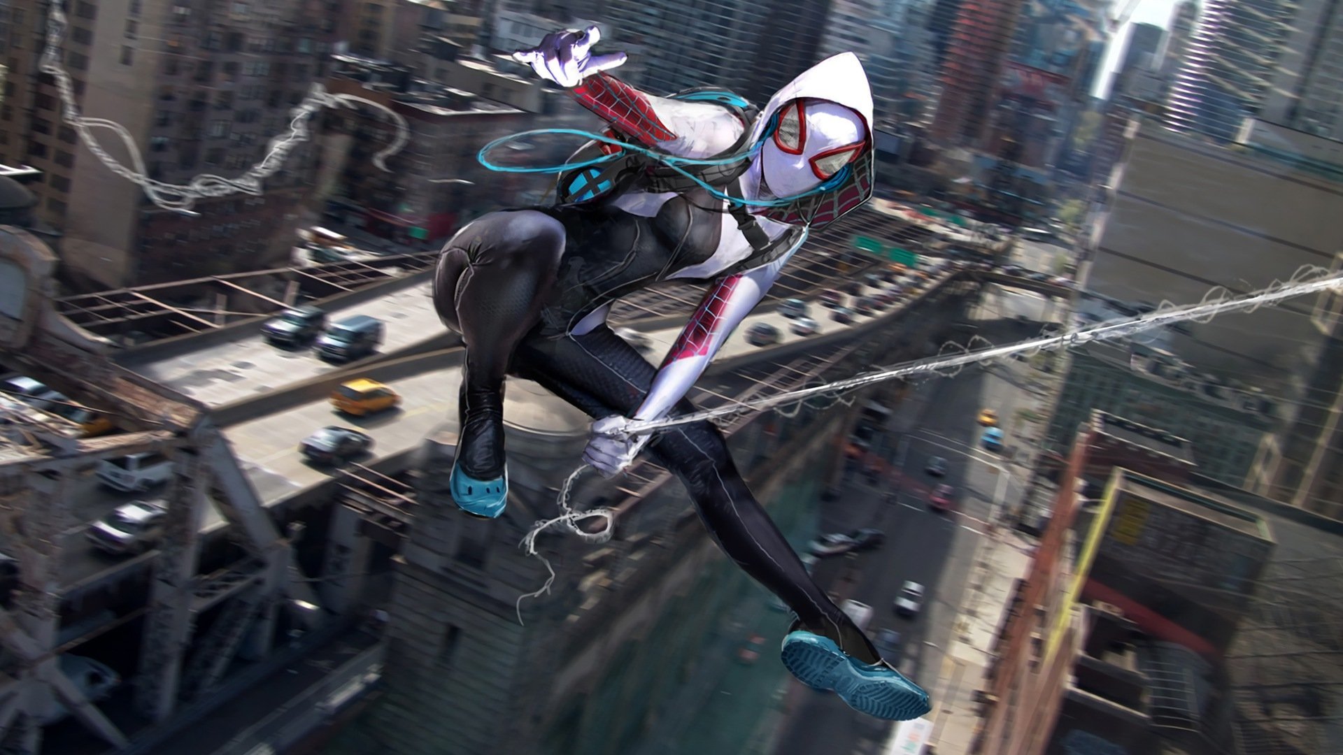 Spider-Gwen swings confidently through a cityscape, showcasing her dynamic pose and iconic white, black, and pink costume in this vibrant comic-style image.