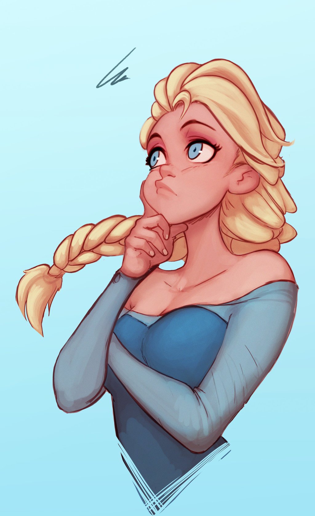 Illustration of Elsa from Frozen with her signature blonde braid and blue eyes, wearing a blue off-shoulder dress, looking thoughtfully into the distance.
