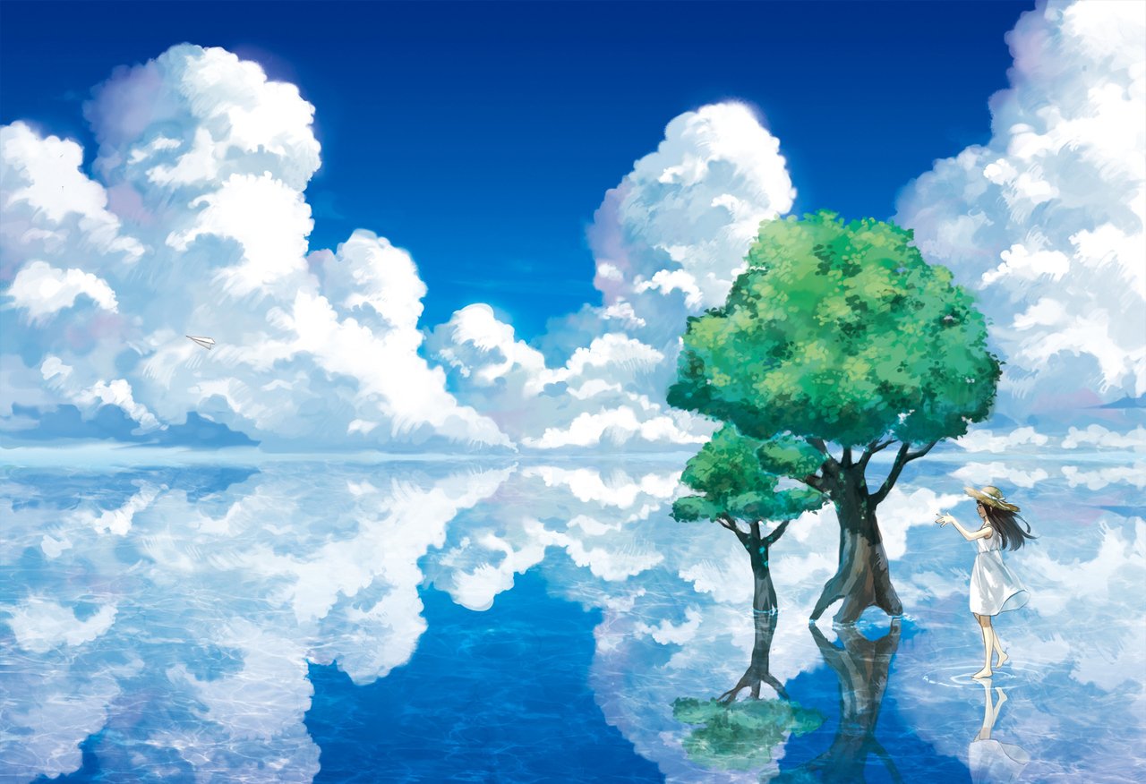 A serene anime scene features a girl walking towards a lush tree, surrounded by a vibrant blue sky and fluffy clouds, all reflected in tranquil water.