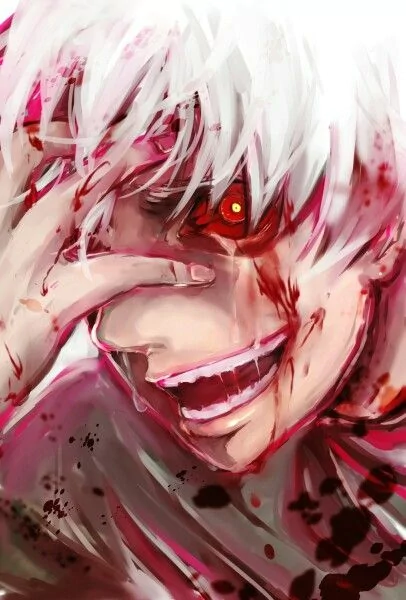 Ken Kaneki from Tokyo Ghoul √A with white hair, intense red eye, and a bloodied face in a dynamic anime-style close-up.
