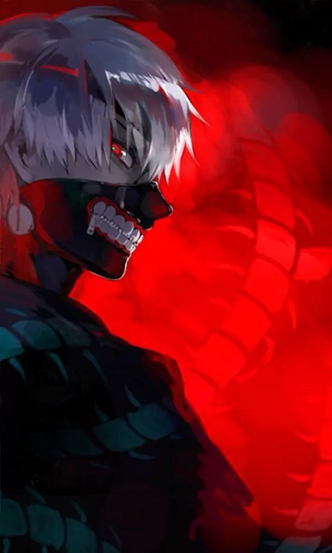 Ken Kaneki from Tokyo Ghoul √A appears with a sinister mask and glowing red eyes, set against a dark, red-hued background in this intense anime artwork.