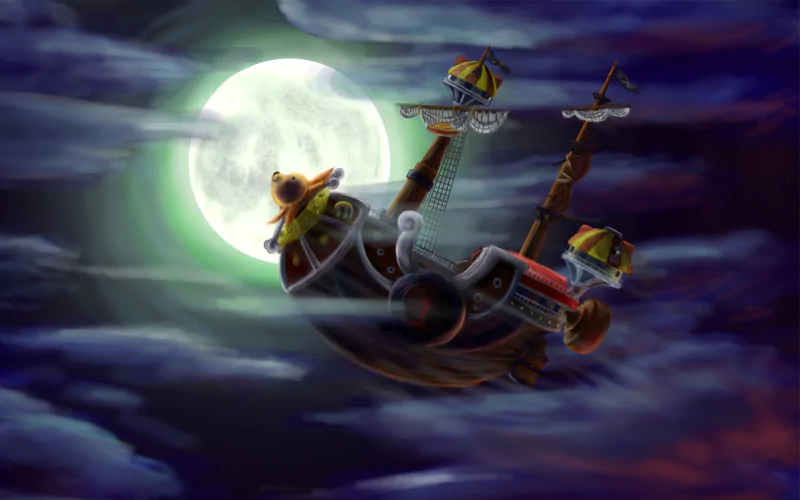 The Going Merry ship from the anime One Piece sails through a moonlit night sky, surrounded by dark clouds and a glowing full moon.