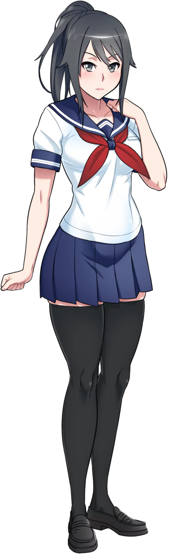 Full-body illustration of Yandere-Chan, Ayano Aishi from the video game Yandere Simulator, wearing a traditional Japanese school uniform with a serious expression.