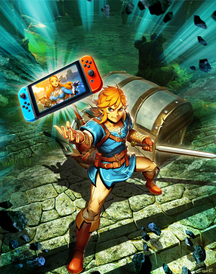 Link wields a sword in a dungeon setting from The Legend of Zelda: Breath of the Wild, with Princess Zelda displayed on a Nintendo Switch screen.