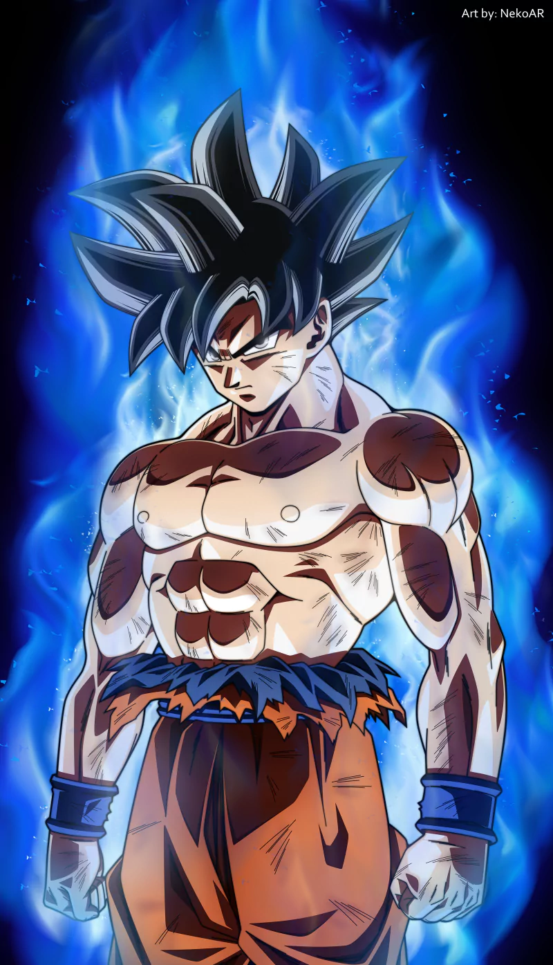 Goku from Dragon Ball Super stands confidently surrounded by blue flames, showcasing his muscular physique and determined expression, a striking representation of his powerful character.
