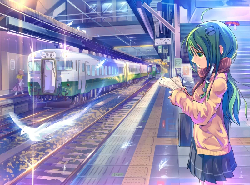 Sanae Kochiya stands at a train station, reading a book as a train approaches. The scene is enchanting, incorporating elements from the Touhou anime and featuring Suwako Moriya.