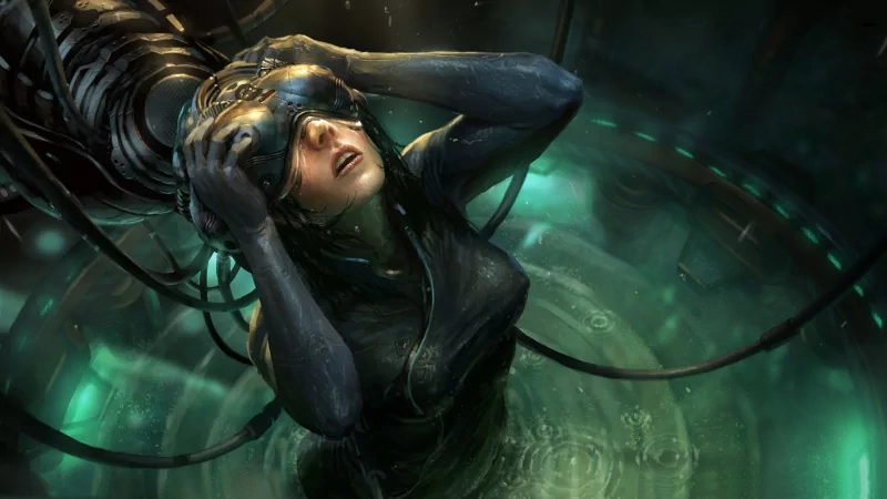 A sci-fi woman wearing a futuristic suit and helmet, connected to cables, with a glowing, high-tech background conveying a cybernetic or virtual reality environment.