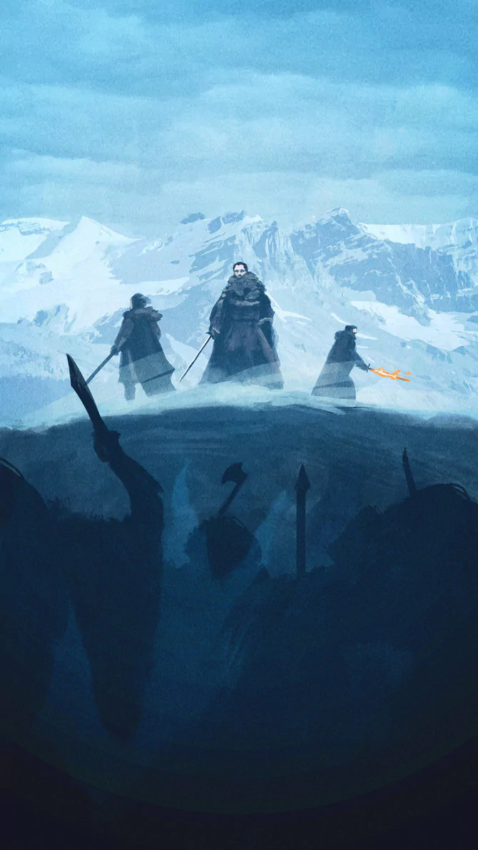 Game of Thrones scene: three White Walkers stand on a snowy ridge, a crow overhead, and shadowy soldiers silhouetted in the valley below.