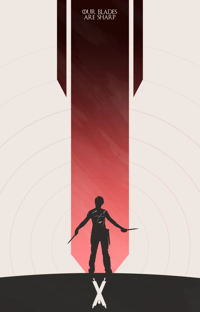Silhouette of Ramsay Bolton from the TV show Game of Thrones, standing with knives beneath a tall red banner that reads Our Blades Are Sharp.
