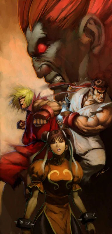 Illustration of Street Fighter characters Ryu, Ken, Chun-Li, and Akuma in dynamic, intense poses with a fiery background.