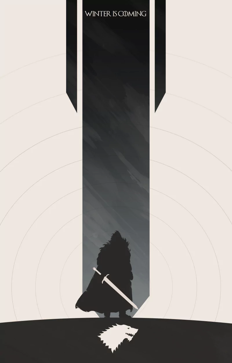 A minimalist poster from the TV show Game of Thrones featuring a silhouette of a figure with a sword, with the text WINTER IS COMING above.