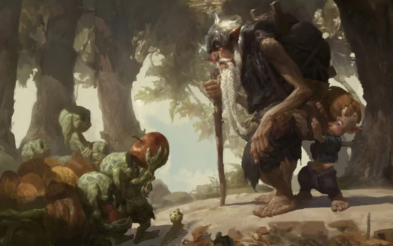 Fantasy scene of two men — a hunched, bearded wanderer carrying a young boy — confronting a small green goblin-like creature in a misty forest.