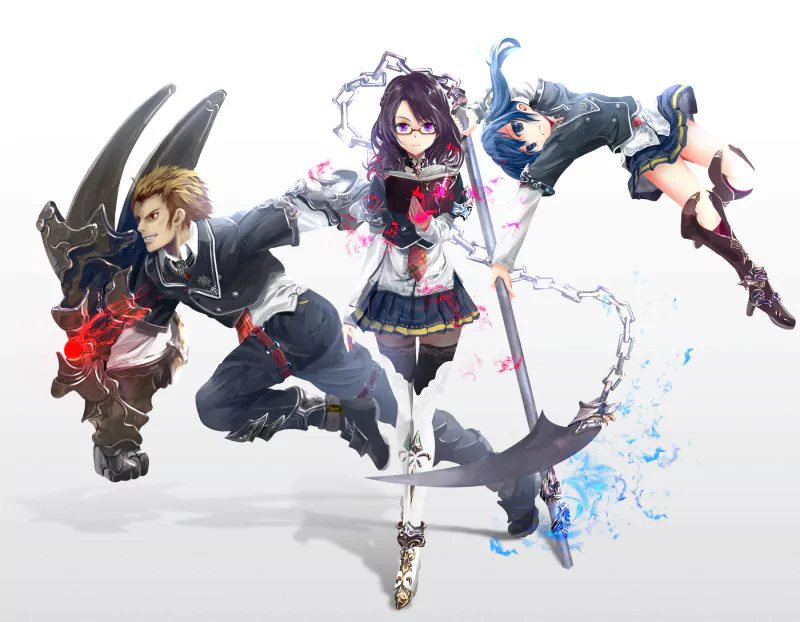 chain long hair glass blue eyes purple eyes book scythe Anime Original Image