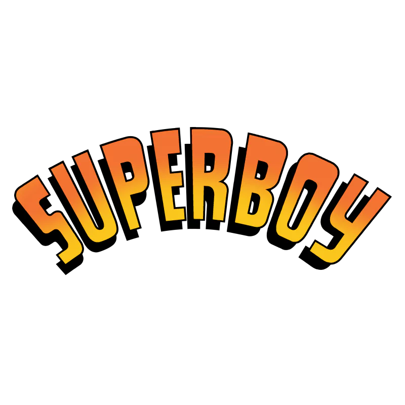 Stylized logo featuring the word Superboy in bold, dynamic lettering, reflecting its comic book origins against a vibrant black background.