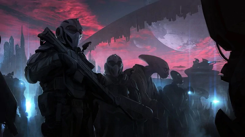 Armored sci‑fi warriors with helmets and rifles stand in formation amid a ruined city, glowing blue lights and a pink alien sky with moons looming overhead.