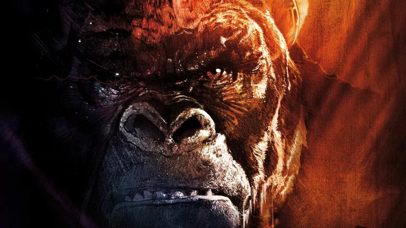 A close-up of a powerful gorilla's face, showcasing intense features and dramatic lighting, inspired by the movie Kong: Skull Island.
