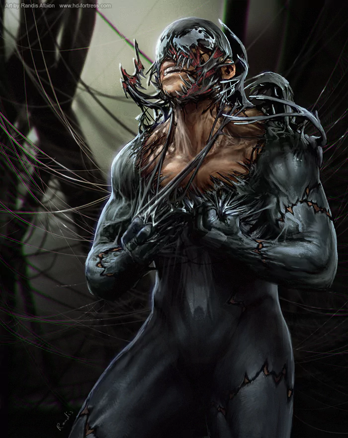 Comic-style artwork of Venom with his symbiote suit partially covering his face and body, showing a mix of human and monstrous features in a dark, tangled environment.