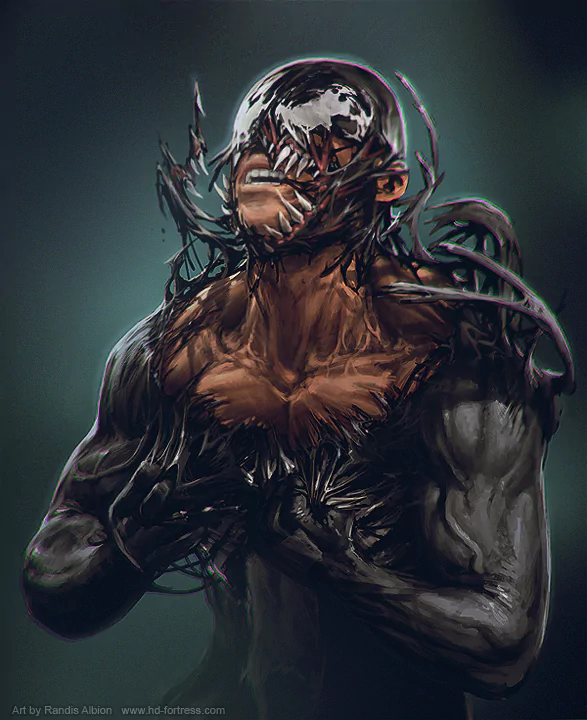 Comic-style artwork of Venom, showing a muscular figure with a black symbiotic suit partially enveloping him, sharp teeth, and tendrils extending from his body.