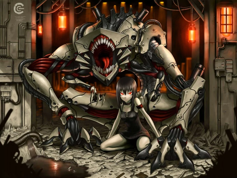 Anime scene of a pale girl with red eyes crouching before a hulking mech with a gaping, tooth-lined maw inside a dim, orange-lit industrial workshop.