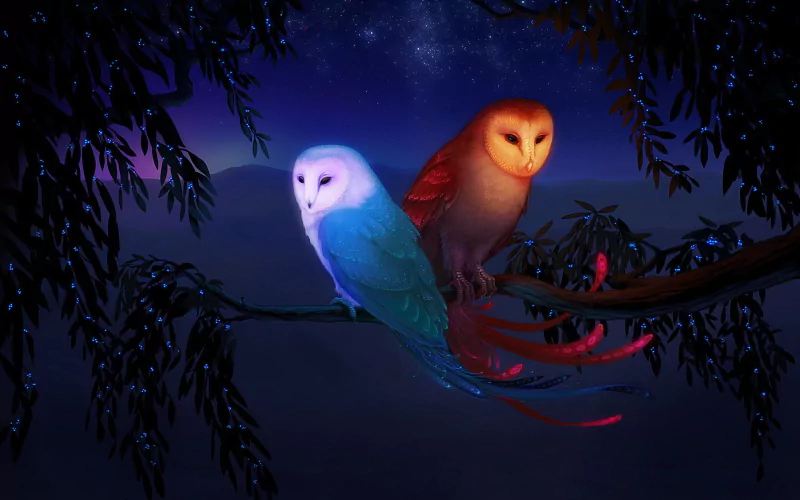 Two vividly colored owls, one blue and one orange, perch on a branch against a starry night sky, surrounded by dark, leafy silhouettes.