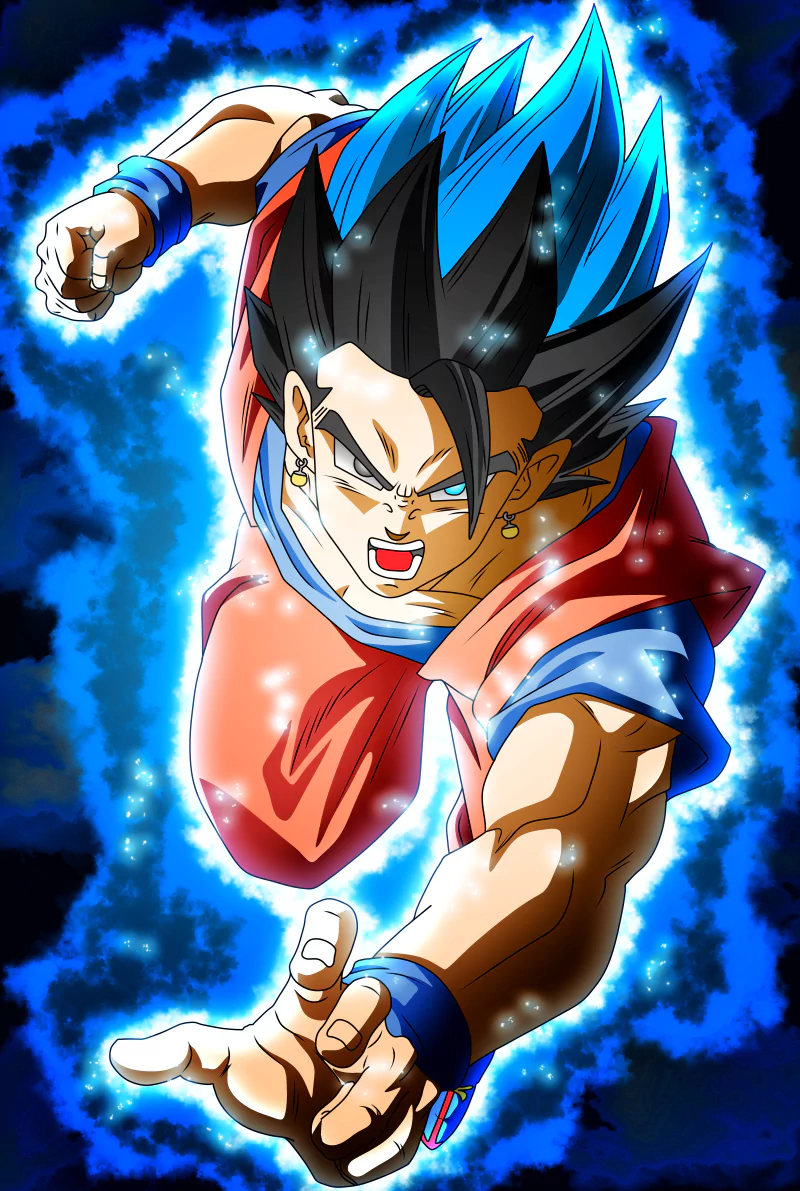 Goku and Gohan from Dragon Ball Super unleash their power as Super Saiyan Blue, surrounded by a radiant aura, capturing the energy and intensity of the anime.