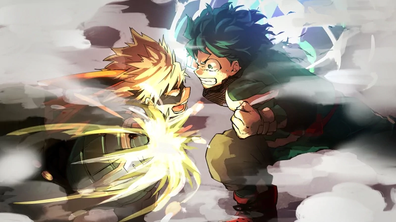 Katsuki Bakugou and Izuku Midoriya from My Hero Academia face off intensely amidst dynamic energy and smoke in this anime action scene.