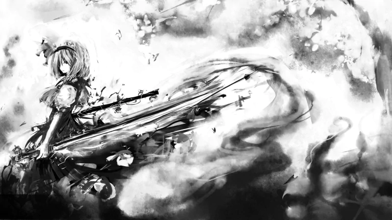 A monochromatic illustration of Youmu Konpaku from the anime series Touhou, depicting her with a long blade amidst swirling clouds and flowers.