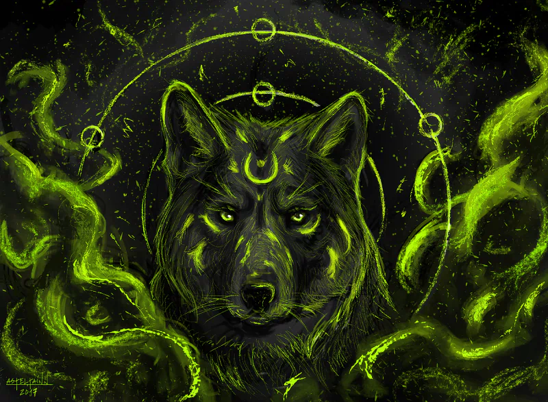 A glowing green fantasy wolf with mystical symbols and swirling energy surrounding it, set against a dark background.