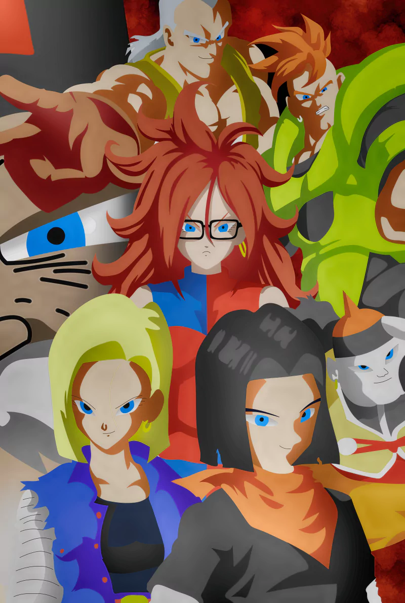 Anime-style illustration featuring Androids 13, 16, 17, 18, and 19 along with Dr. Gero from Dragon Ball Super, showcasing their distinct designs and intense expressions.