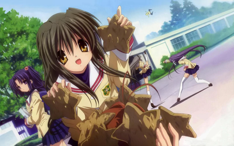 Clannad characters Kotomi Ichinose, Youhei Sunohara, Tomoyo Sakagami, Kyou Fujibayashi and Fuuko Ibuki in a sunny school courtyard, playfully tossing and catching fallen leaves.