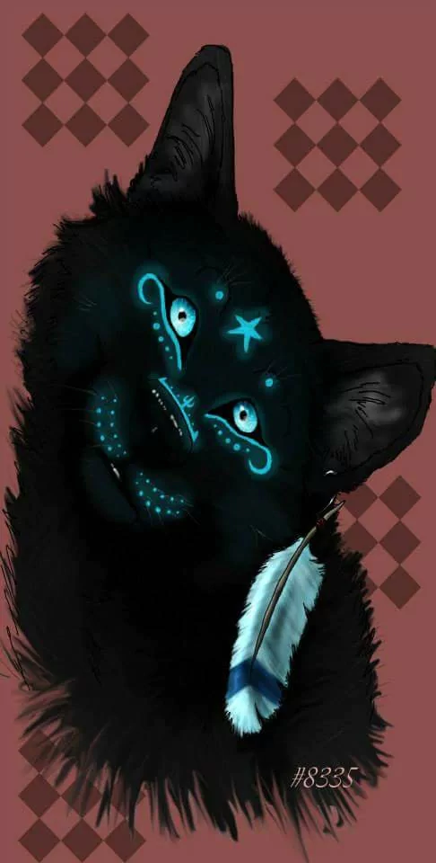 Stylized black wolf with glowing cyan tribal facial markings, luminous eyes and a blue-white feather earring on a maroon patterned background.