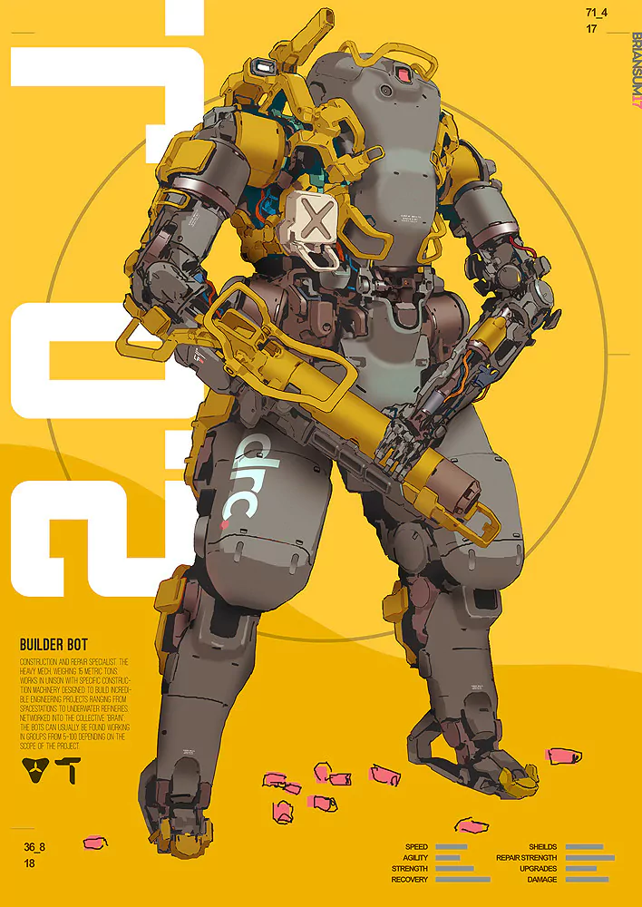 Illustration of a sci-fi builder bot robot, equipped with heavy mechanical arms and tools, standing against a yellow background with technological details.