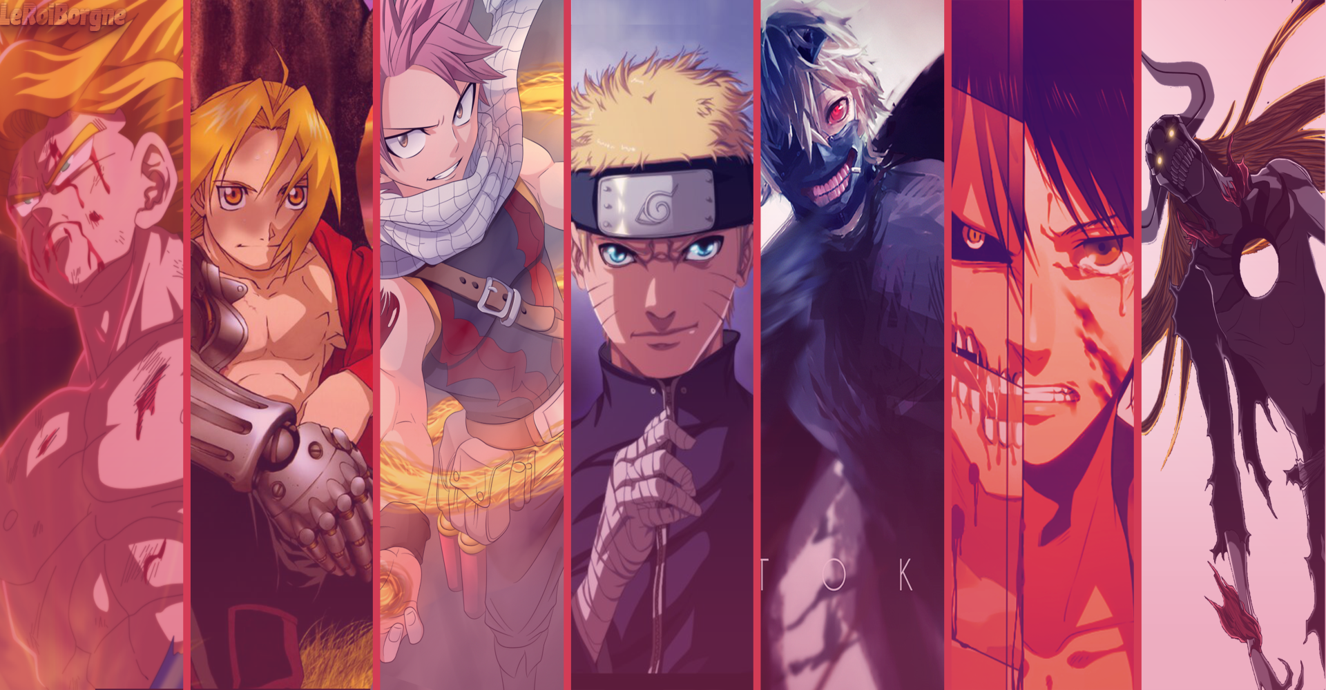 A vibrant anime crossover featuring iconic characters in a dynamic arrangement, showcasing their distinct styles and expressions against a colorful background.