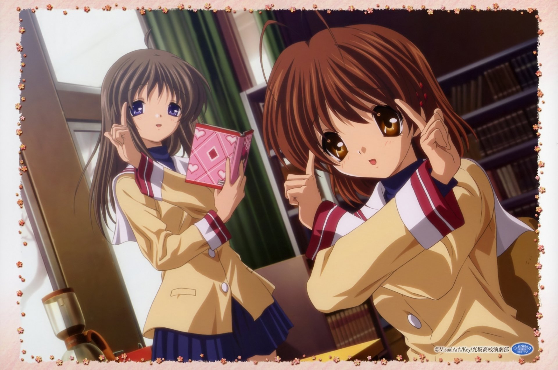 Yukine Miyazawa and Nagisa Furukawa from the anime Clannad interact in a classroom, with Yukine holding a pink box and Nagisa making a playful gesture.